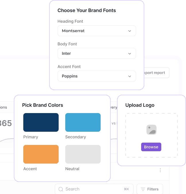 Brand customization: fonts, colors, and logo upload