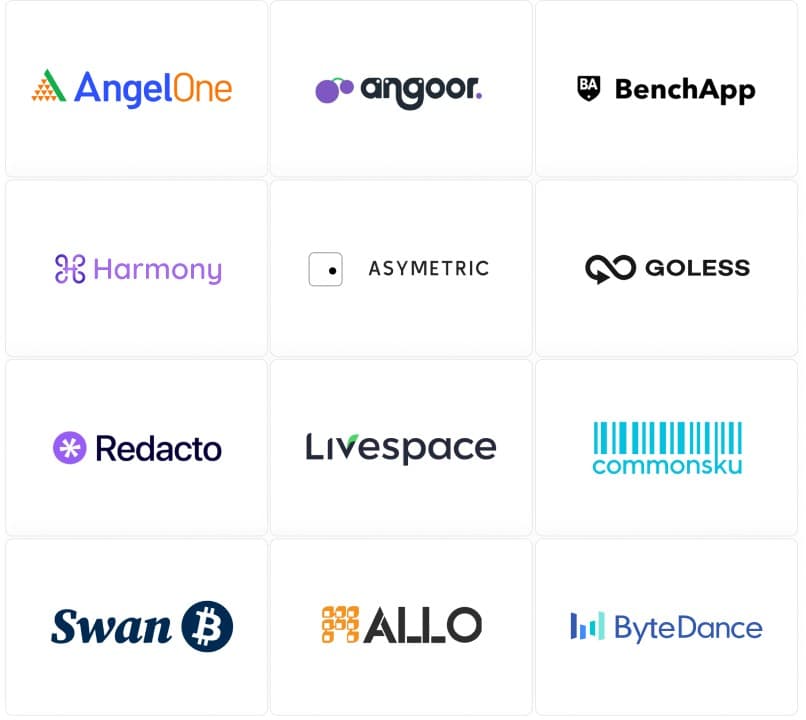 Trusted by AngelOne, Angoor, BenchApp, Harmony, Asymetric, Goless, Redacto, Livespace, Commonsku, Swan Bitcoin, ALLO, ByteDance