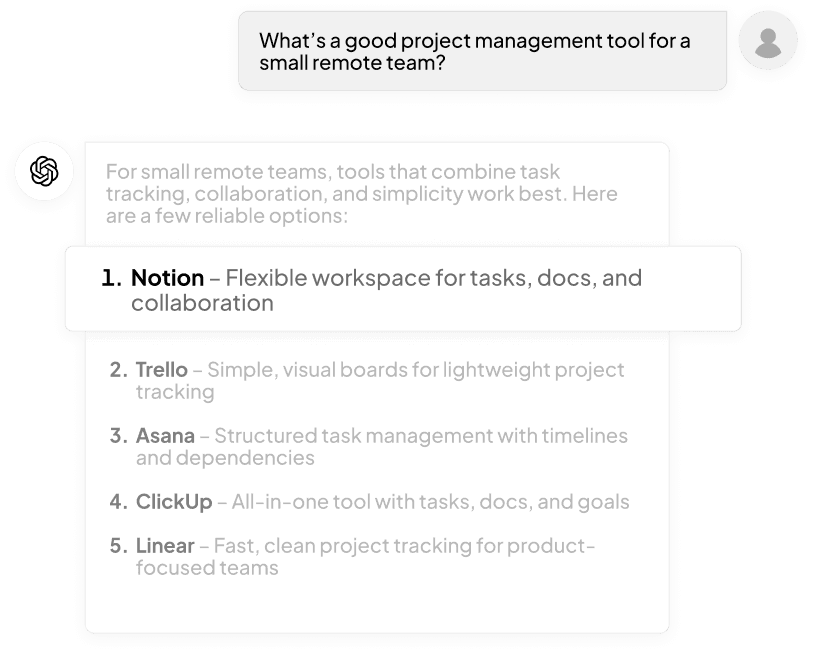ChatGPT interface showing project management tool recommendations