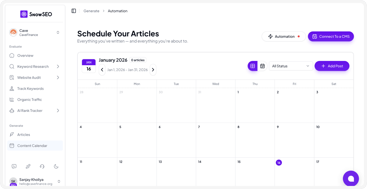 SnowSEO Schedule Your Articles - Content calendar interface for scheduling and managing articles