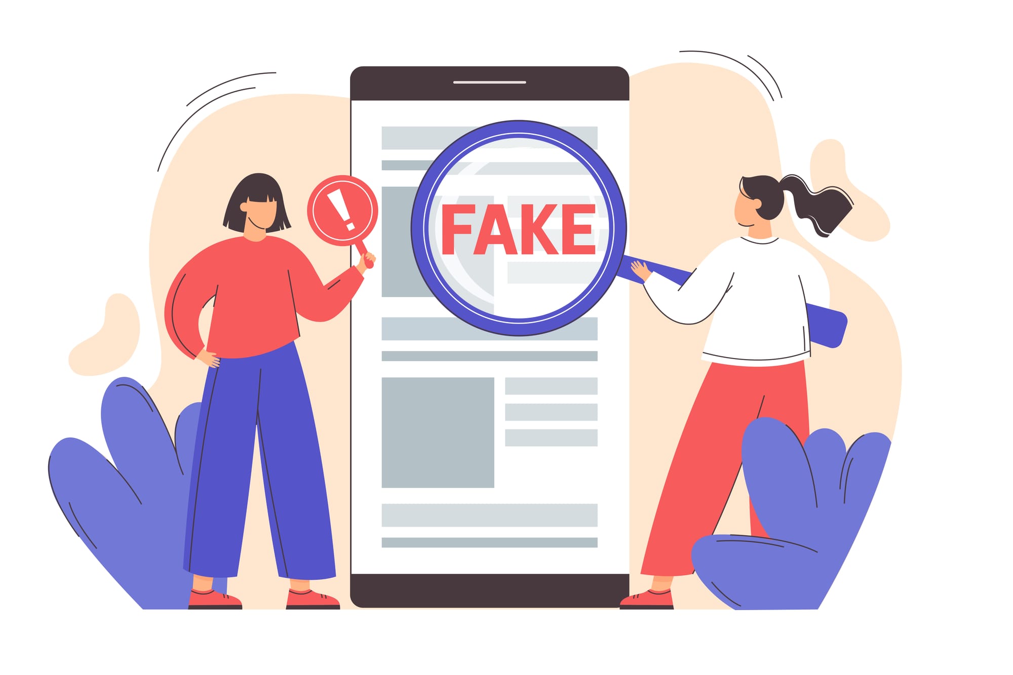 Two people checking content on a phone—one magnifies 'FAKE,' the other holds an exclamation mark, stressing the need for verification.