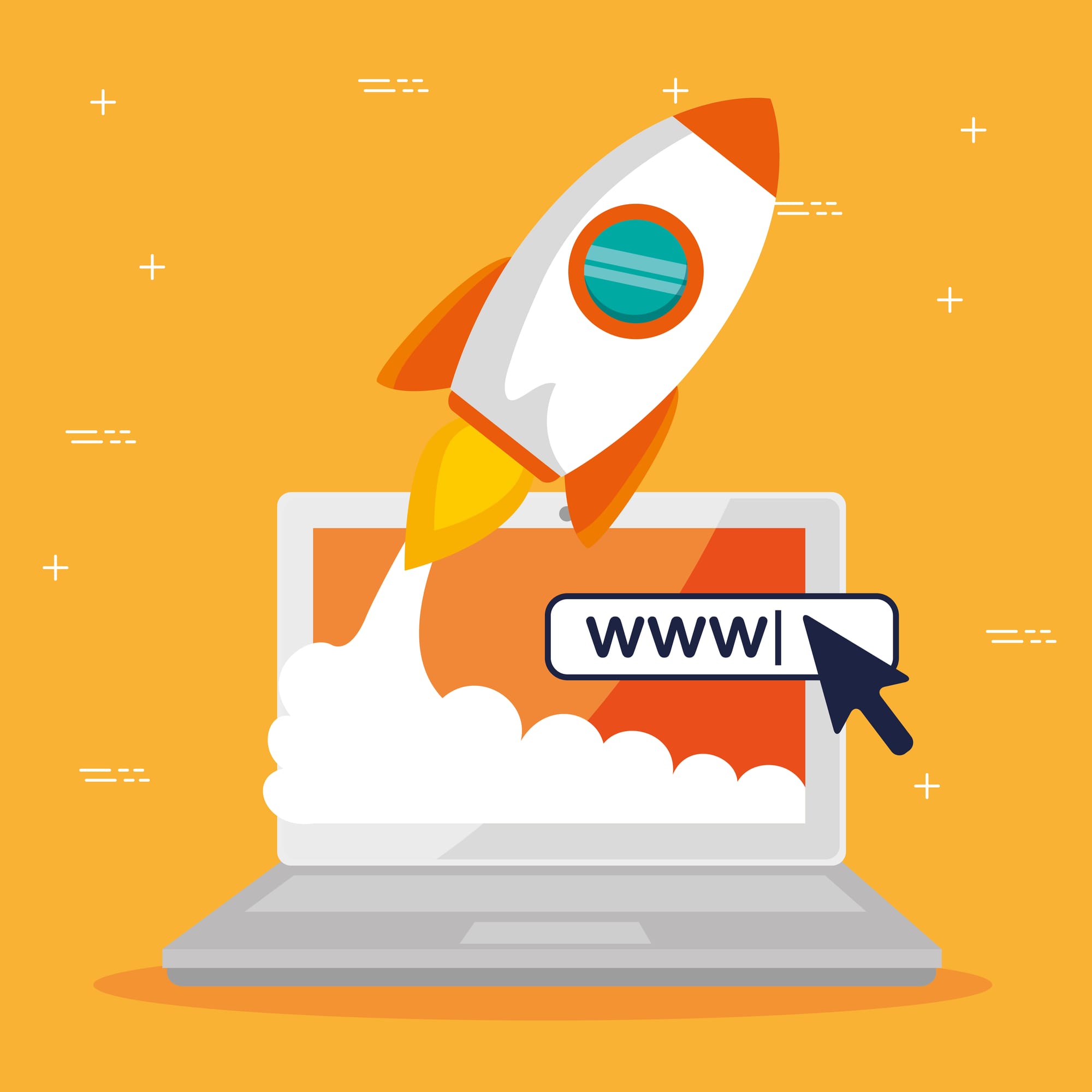Rocket launching from a laptop, symbolizing growth from backlink analysis.