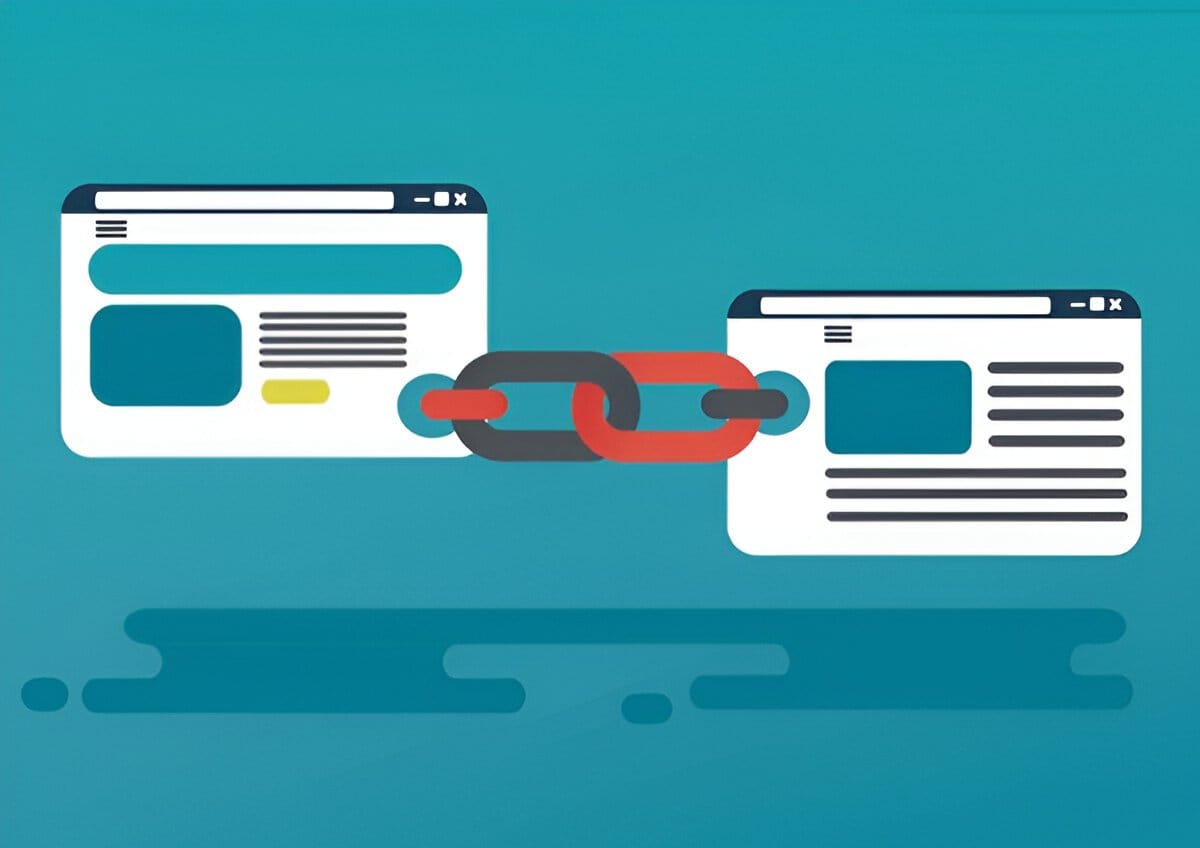 Two website windows connected by a chain, representing dofollow and nofollow backlinks