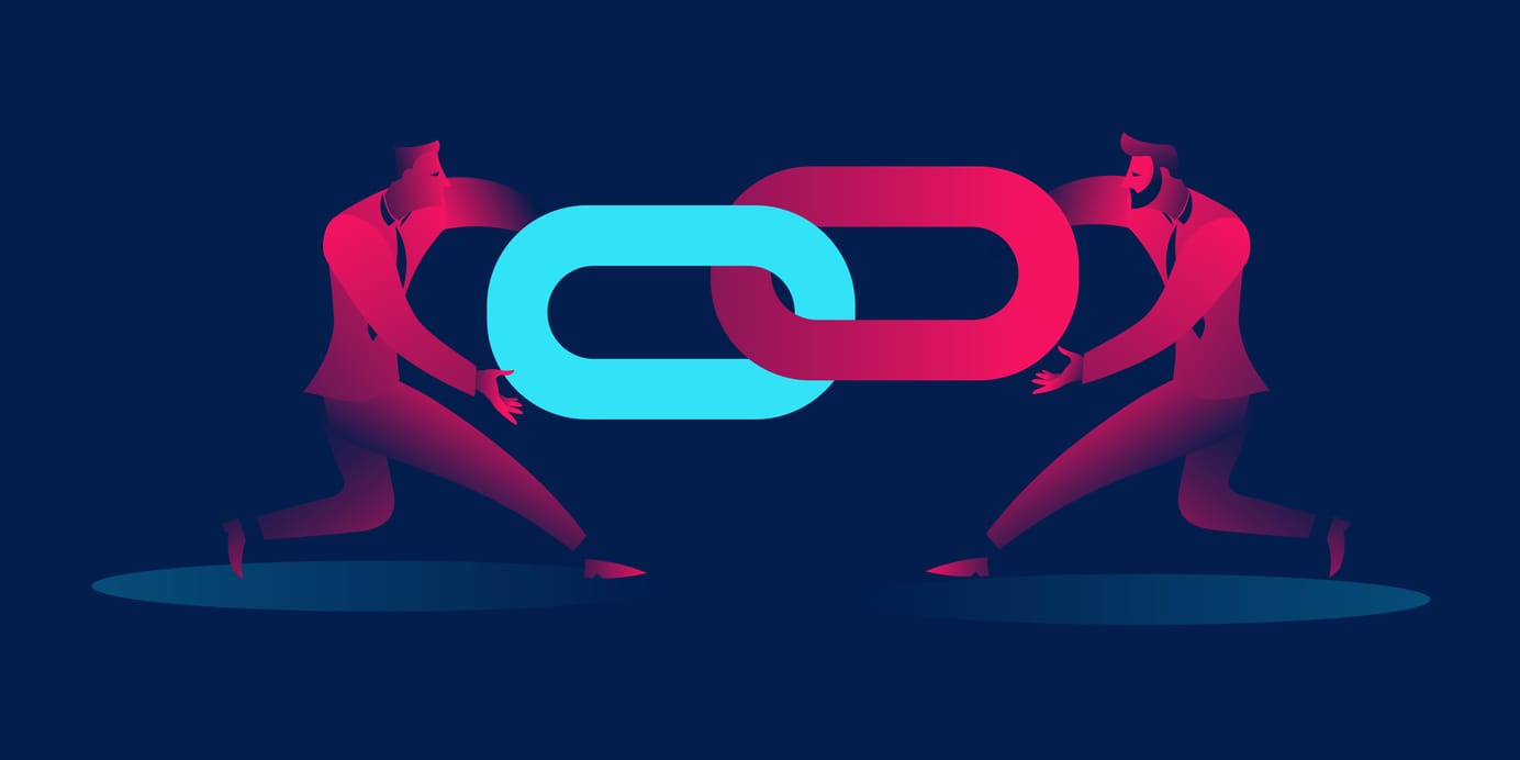 illustration of two professionals holding interlinked chains, symbolizing backlink